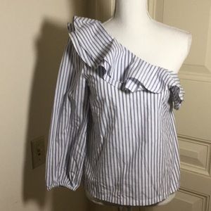 J Crew Striped One Shoulder Ruffle Top